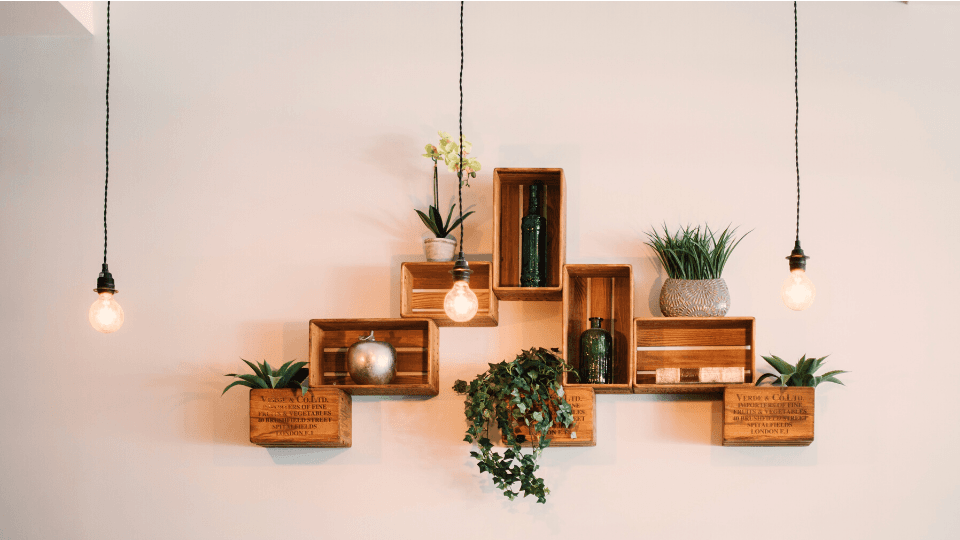 Modern Wall shelf with flower pots and decor and simple bulbs
