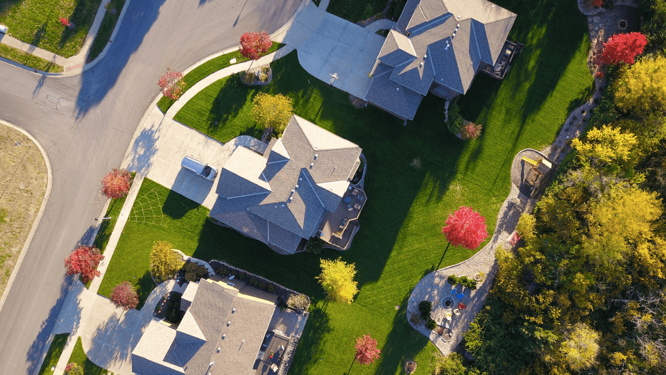 Three houses and trees vIew from over