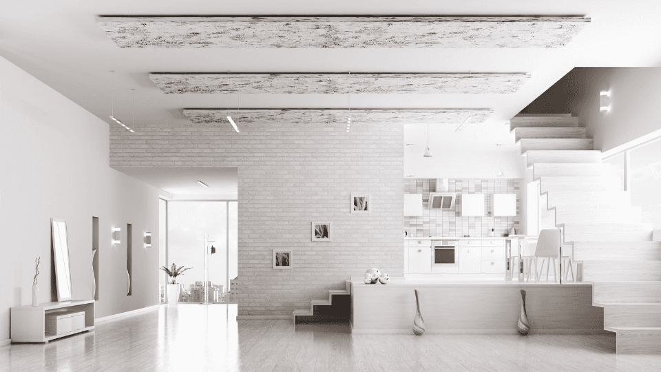 White room with stairs, decor and kitchen view